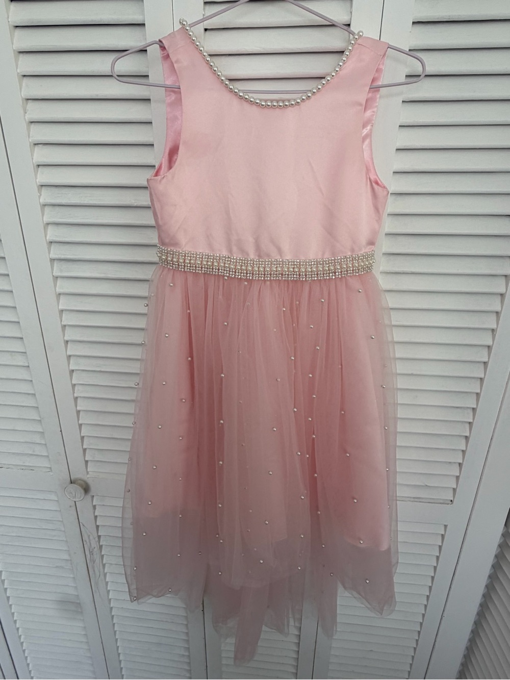Girls Pink Pearl-Embellished Tulle Party Dress - Picture 4 of 8